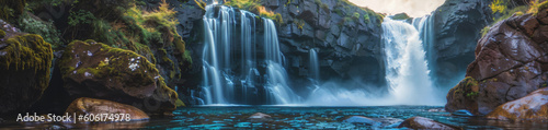 High waterfall in the forest, cold, harsh rocks, cliffs. Iceland landscape panoramic background, banner for travel, tourism. Generative AI. © DigitalMerchant