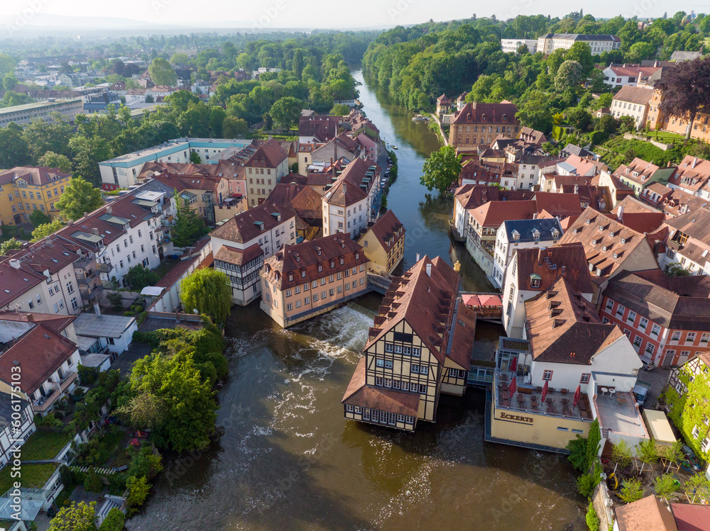 Drone shot of a House on a river Regniz in Bamberg. Picturesqur place in the morning in Bavaria, Germany. Frankonia