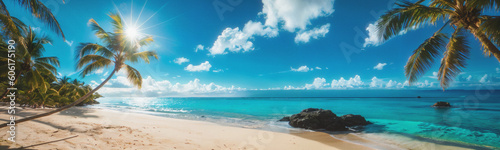 Tropical island with palm trees and clear blue water. Seascape panoramic background, website header, banner for travel, tourism, holidays, resort. Generative AI.