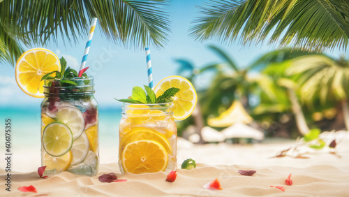 Summer drinks, lemonades in jars on by the sea. Beach bar at a tropical resort. Summer vacation background, website header, banner for travel, tourism, holidays, beach bar, resort. Generative AI.