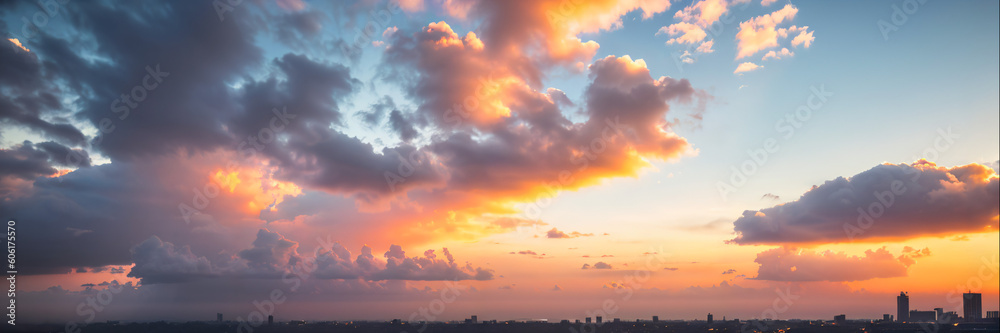 Sky with clouds over a city, during sunset or sunrise, panoramic background, header, banner. Generative AI.