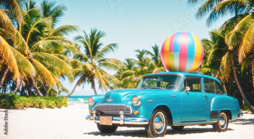 Blue vintage car with beach ball and palms, summer vacation seaside background, website header, banner for travel, tourism, holidays, dream trip. Generative AI. photo