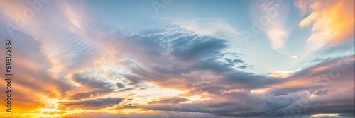 Sky with clouds  during sunset or sunrise  panoramic background  header  banner. Generative AI.