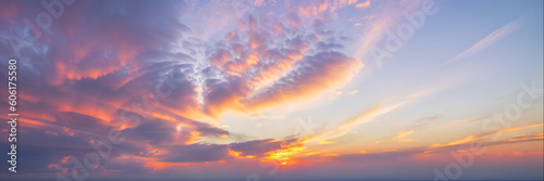 Sky with clouds, during sunset or sunrise, panoramic background, header, banner. Generative AI.