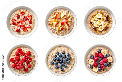 Healthy oatmeal with fruits and berries isolated on transparent background. Generative AI