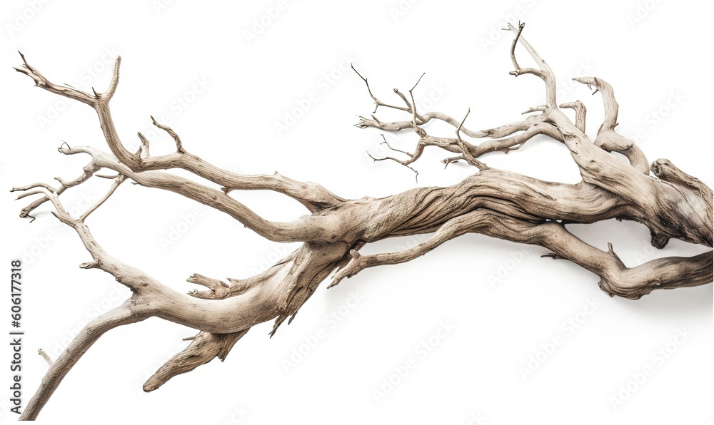  a branch of a dead tree with no leaves on a white background with a white back ground and a white back ground with a white back ground.  generative ai