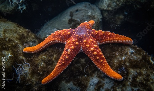  an orange and white starfish on a rock in the ocean with rocks and water in the backgrouds of the photo and a rock wall in the foreground.  generative ai