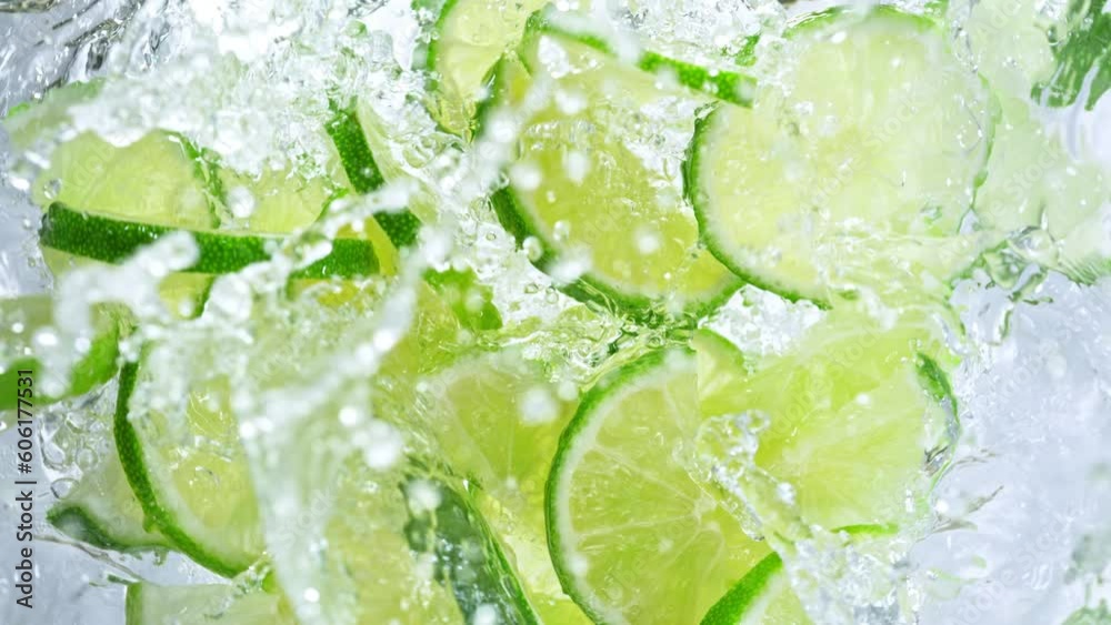 Super Slow Motion Shot of Fresh Lime Slices Falling into Water Whirl at 1000 fps. Super Slow Motion Shot of Fresh Lime Slices Falling into Water Whirl at 1000 fps.