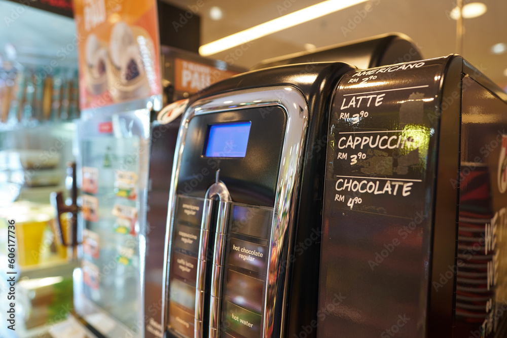 KUALA LUMPUR, MALAYSIA CIRCA MARCH, 2023 close up shot of coffee machine at 7Eleven