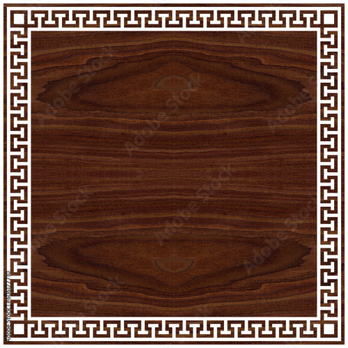Decorative wooden walnut frame with greek ornament meanders, Greek fret or key design