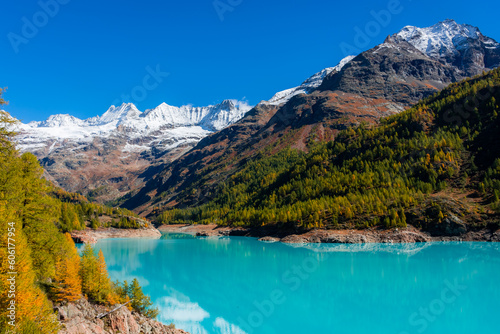 Autumnal landscape of the Lake Place Moulin, an artificial glacial lake with turquoise water in the italian Alps, on the border with Switzerland