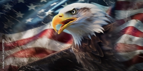 In the background the flag of the United States of America. The stars as the white-tailed eagle swooped overhead, feathers fluffed. The red, white and blue symbol of freedom. Generative AI. photo