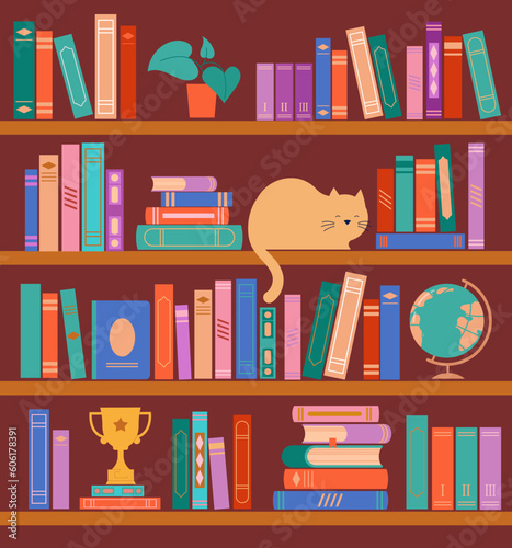 Bookshelf concept illustration. A lot of books on the shelf, clock, cat, plant and globe