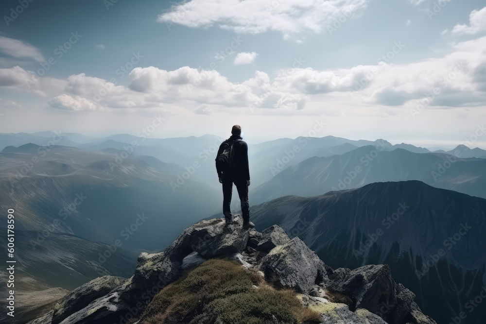 A man stands on top of a mountain and looks at a breath