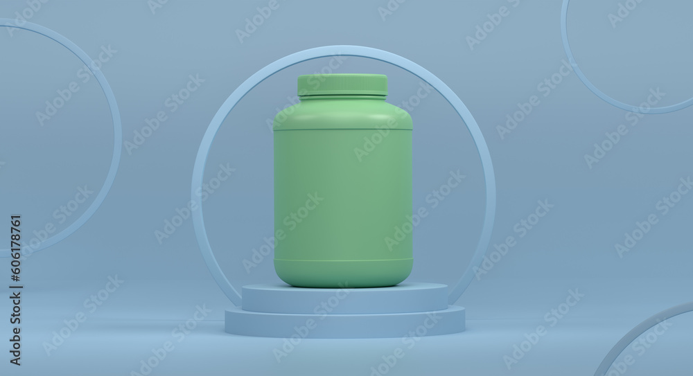 Plastic jar for sport nutrition on cylinder podium with step on monochrome Plastic jar for sport nutrition on cylinder podium with step on monochrome