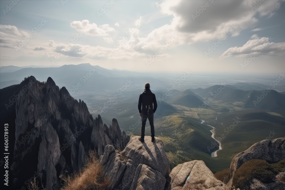 Captivating scene as a man gazes at a breathtaking view from atop a mountain