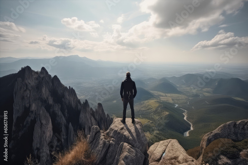 Captivating scene as a man gazes at a breathtaking view from atop a mountain"