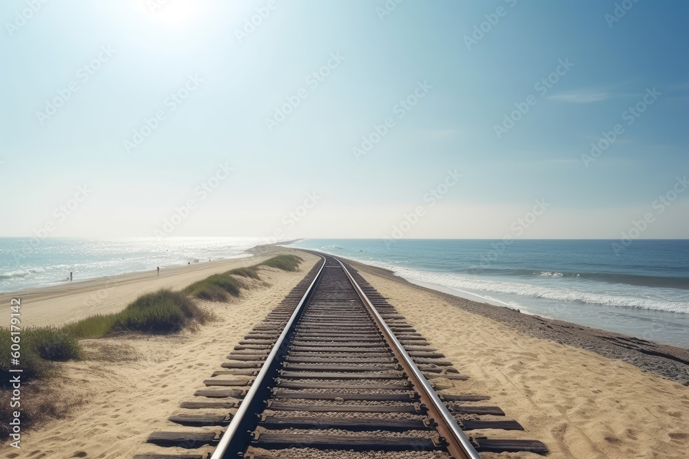A railroad track along the beach and ocean on a sunny day