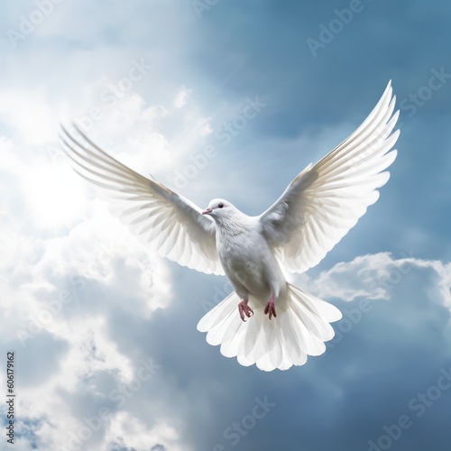 a White dove flies against the background of a blue sky with clouds. White dove flies beautifully in the air. Generative AI © Margo_Alexa