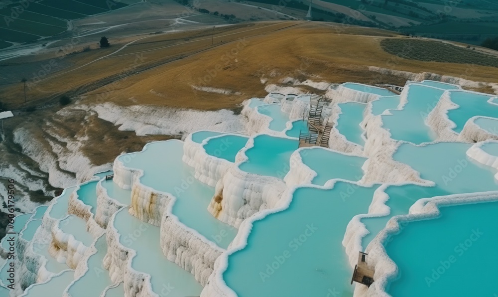  a large body of water surrounded by mountains and fields in the distance with a sky view of the surrounding area and a few people standing on the edge of the water.  generative ai