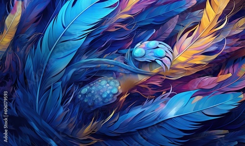  a painting of a blue and yellow feather with a white ball in the middle of it's feathers, with a blue and yellow background. generative ai