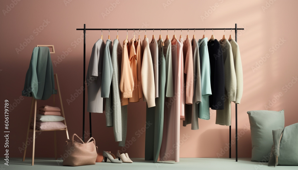 Fashionable clothing collection hanging in modern closet generated by AI