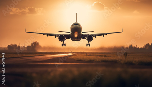 Silhouette of cargo airplane moving down at dusk generated by AI