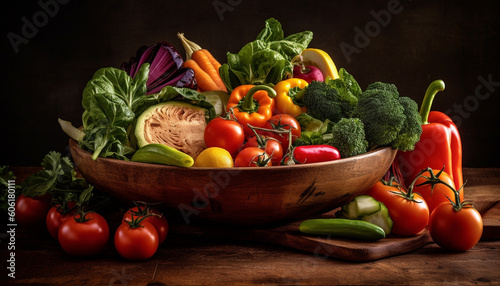 Fresh organic vegetables on rustic wooden table generated by AI