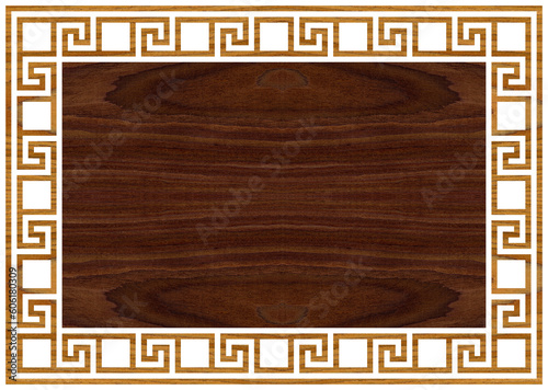 Greek frame ornaments, meanders. Square meander border from wooden walnut repeated Greek motif Vector illustration