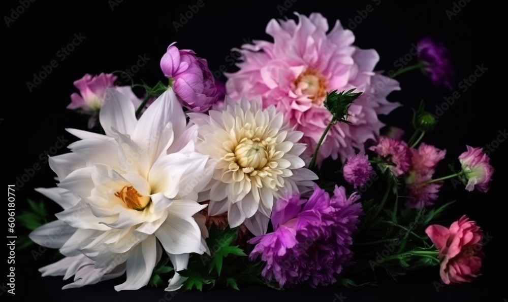 Obraz premium a bunch of flowers that are in a vase on a table with a black background in the middle of the picture is a bunch of pink, white, purple, pink, and yellow, and white flowers. generative ai