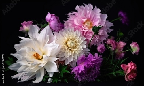  a bunch of flowers that are in a vase on a table with a black background in the middle of the picture is a bunch of pink  white  purple  pink  and yellow  and white flowers.  generative ai