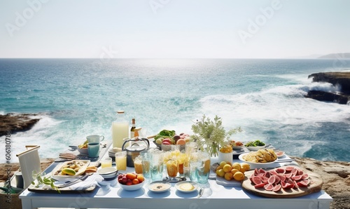  a table with food and drinks on it near the ocean with a view of the ocean in the background and a cliff in the background.  generative ai
