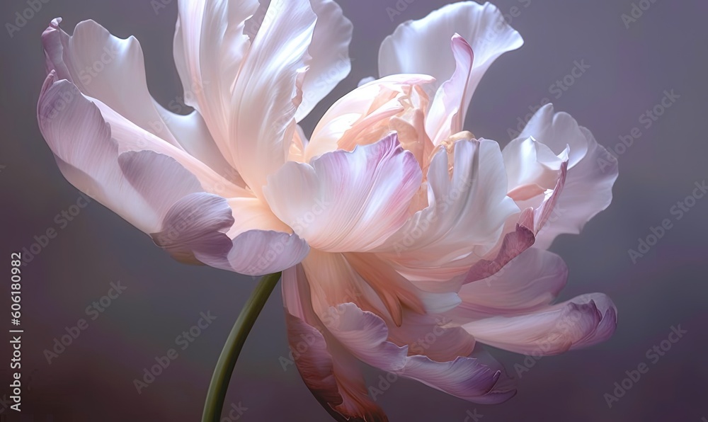  a pink and white flower on a purple background with a blurry background behind it and a green stem in the center of the flower.  generative ai