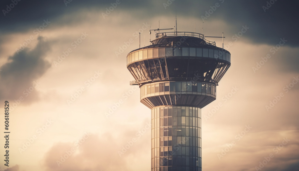 Modern air vehicle flying over dramatic cityscape generated by AI