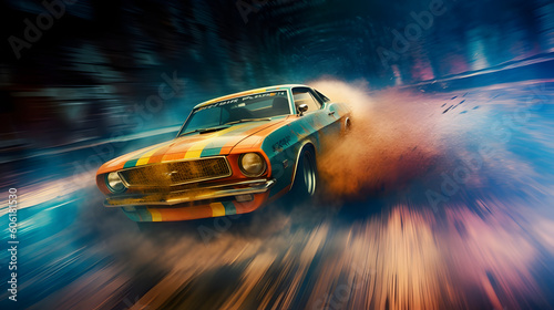 Carro na posta de corrida com fumaça colorida e em alta velocidade  photo