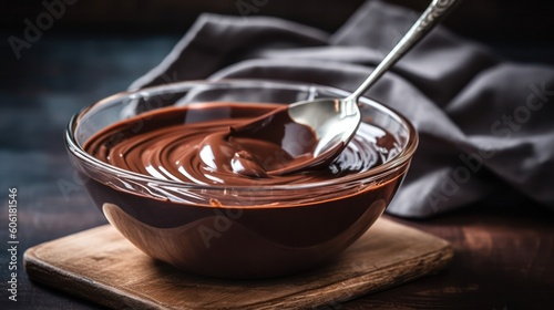 freshly made chocolate cream paste with nuts on a wooden table. Country style.world chocolate day.Generative AI