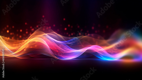 abstract futuristic background with pink blue glowing neon moving high speed wave lines and bokeh lights. Data transfer concept Fantastic wallpaper. Generative AI © Aram