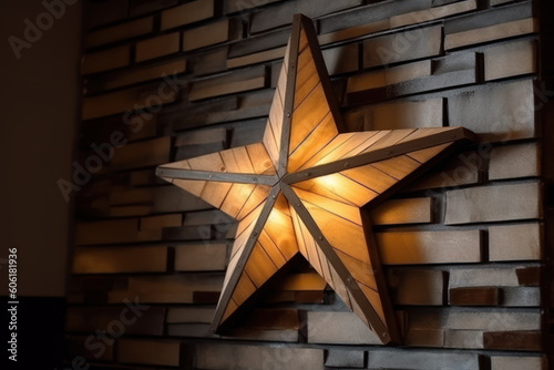 Decorative wooden star with lamps on a background of wall. Modern grungy interior. AI