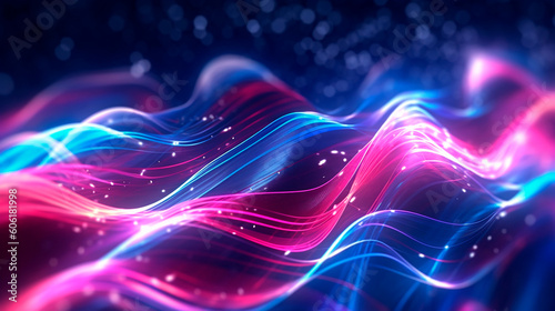 abstract futuristic background with pink blue glowing neon moving high speed wave lines and bokeh lights. Data transfer concept Fantastic wallpaper. Generative AI