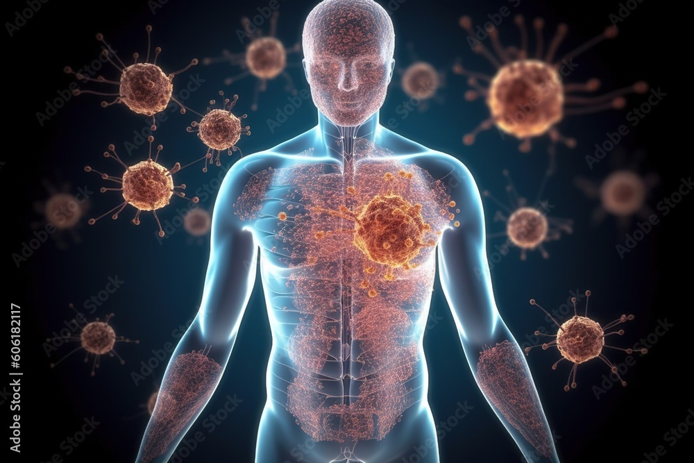 Immune system. A complex network of organs, cells and proteins that defends the body against infection, whilst protecting the body's own cells. Virus, healthy, medical, bacteria. Generative AI
