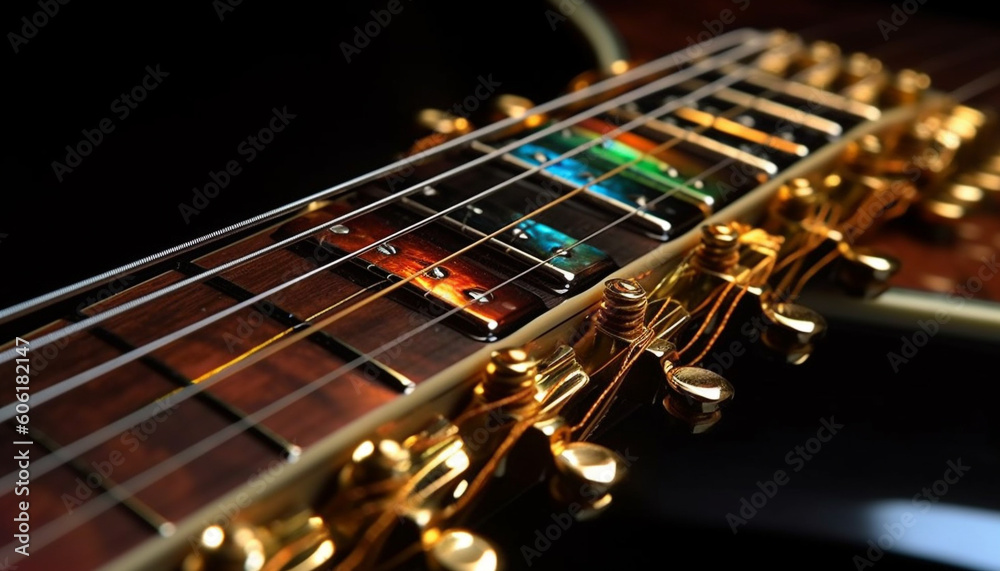 Blue guitar string in focus, musician playing chord generated by AI Blue guitar string in focus, musician playing chord generated by AI