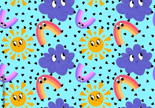 Retro summer cartoon seamless sun and rainbow and clouds pattern for wrapping paper and kids clothes print