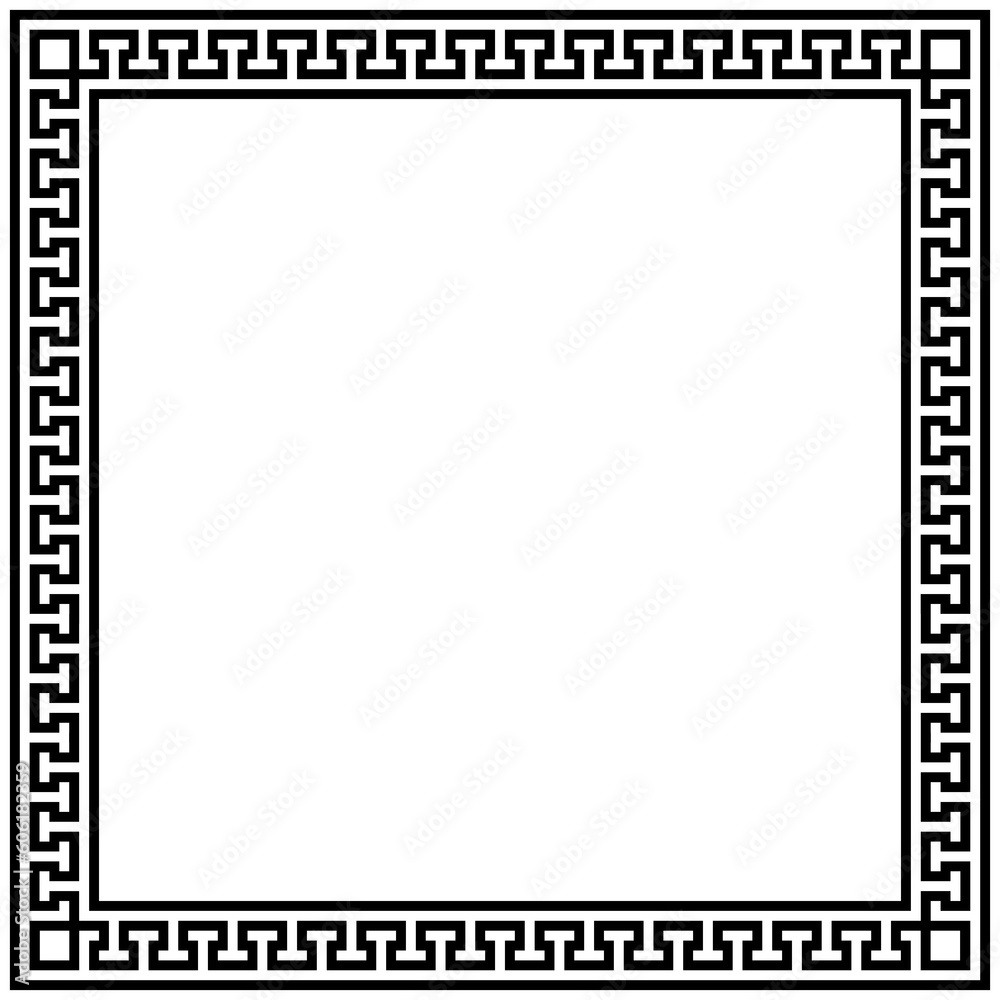 Greek frame ornaments, meanders. Square meander border from a repeated Greek motif Vector illustration