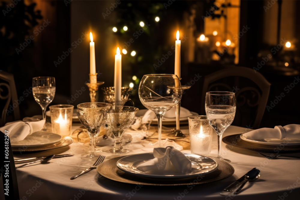Elegant candlelight dinner table by night. AI