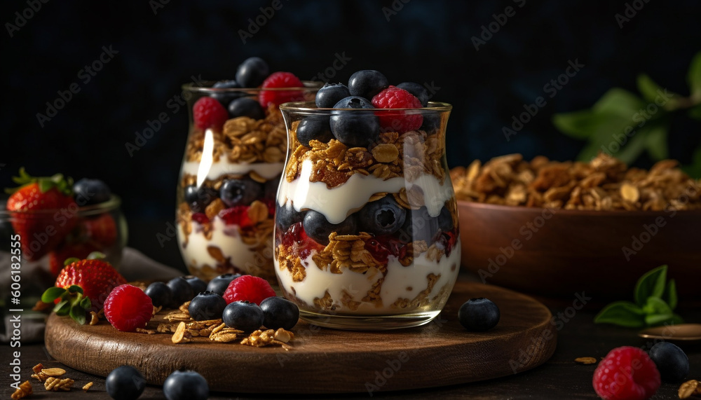 Naklejka premium Gourmet parfait with fresh berries and granola generated by AI