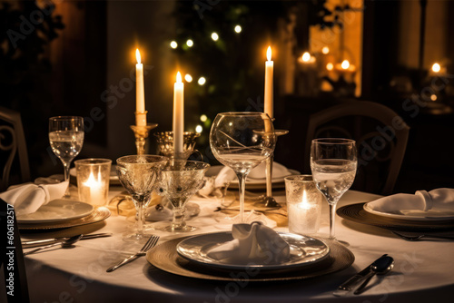 Obraz na płótnie Elegant candlelight dinner table by night. AI w salonie