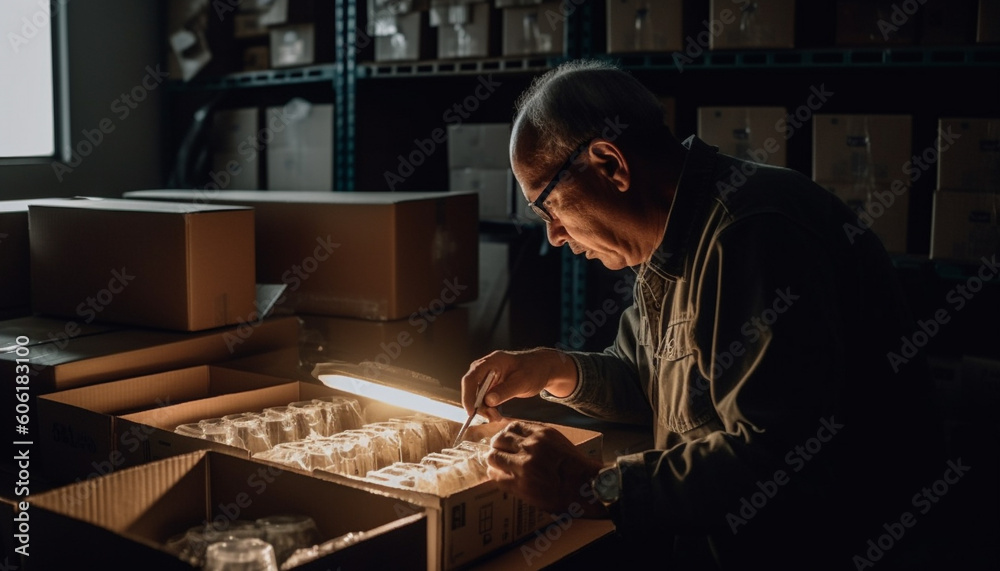 Mature adult craftsperson holding work tool in workshop generated by AI