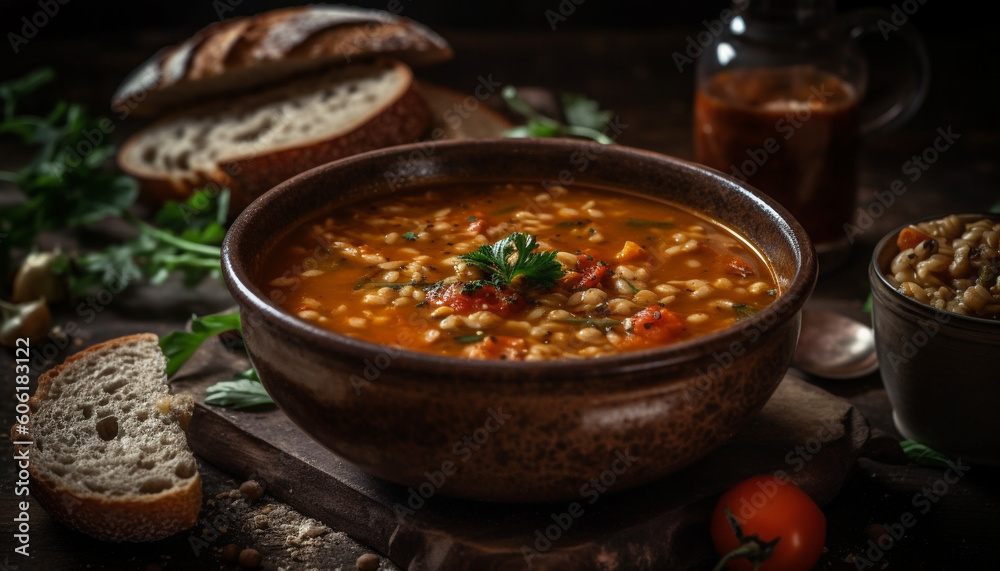 Freshly cooked soup, bread, and vegetables meal generated by AI Freshly cooked soup, bread, and vegetables meal generated by AI