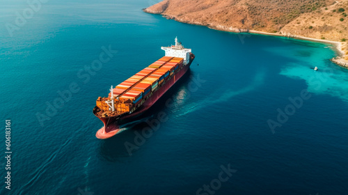 Aerial View Of Container Cargo Ship In Sea. Generative AI © Aram