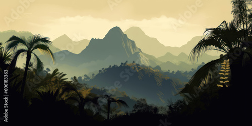 Mysterious jungle, palm trees and mountains at the top of hill with a mountain range around it, digital art. AI